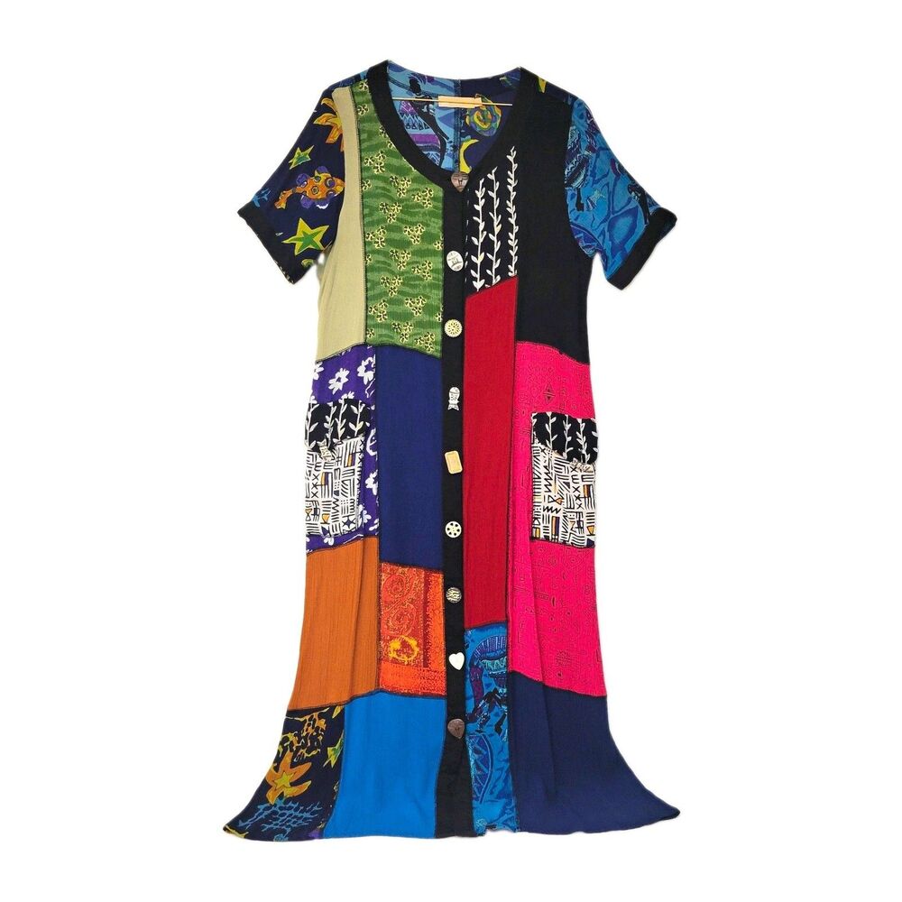 La Cera Patchwork Maxi Dress M Multicolor Rayon Boho Button Front Novelty